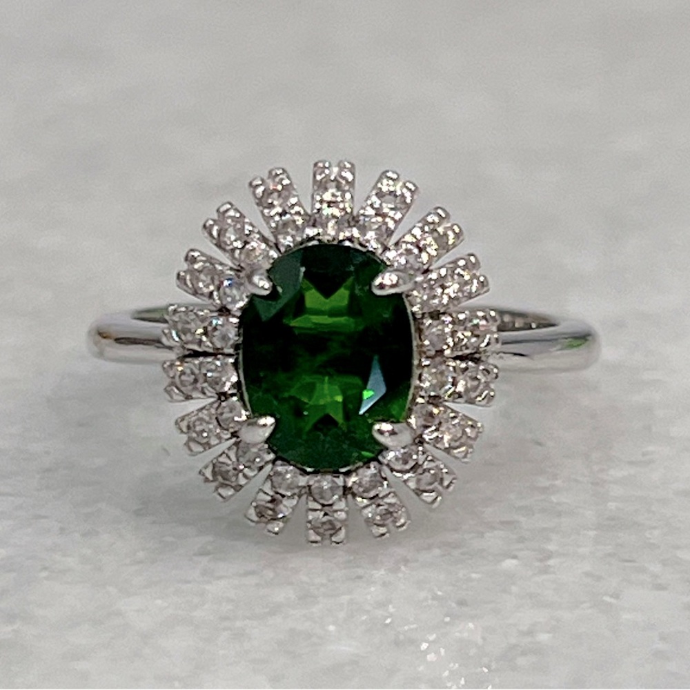Russian Diopside White Zircon Sterling Silver Sunburst Ring Sz 8